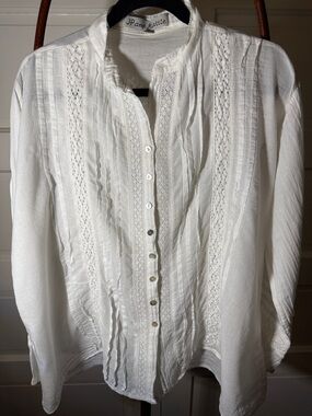 JP and Mattie White Lace Pintuck Blouse Cottage Core Boho XL